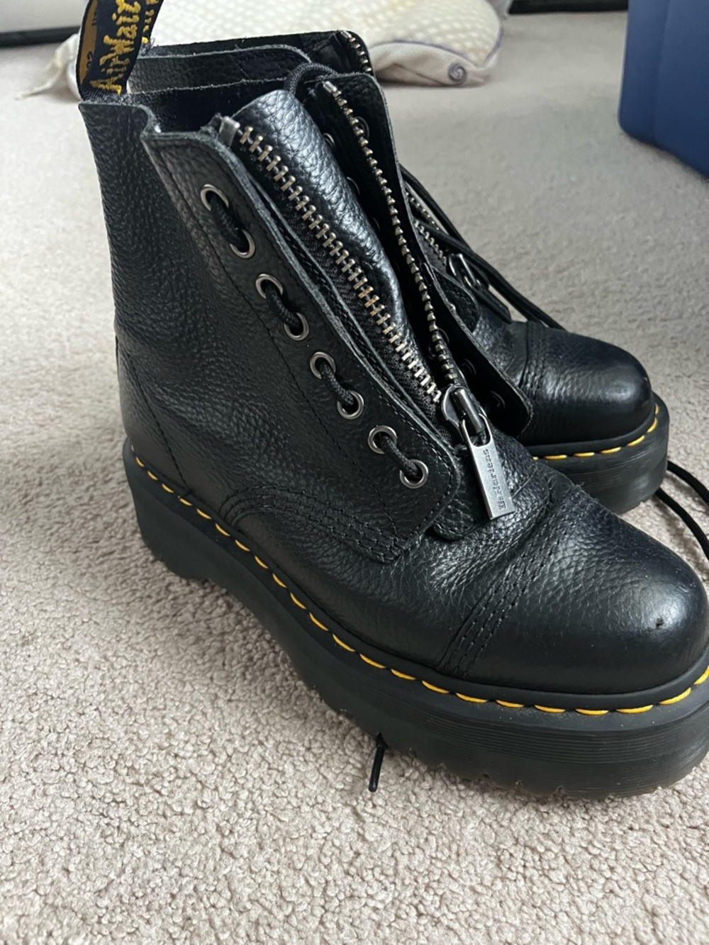 Dr. Martens Black Leather Platform Lace-Up Boots with Yellow Stitching